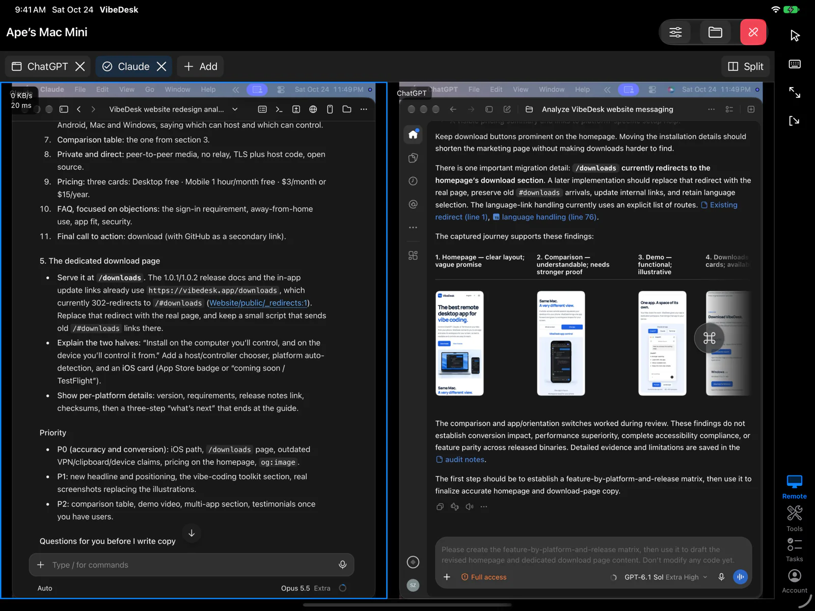 Screenshot: VibeDesk on iPad showing Claude and ChatGPT from a Mac side by side.