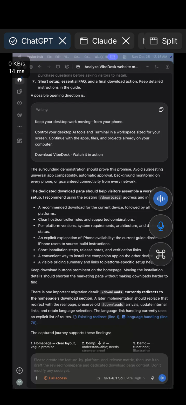 Screenshot: VibeDesk on iPhone showing ChatGPT from a Mac, laid out for the phone’s screen, with app tabs and the floating shortcut button.